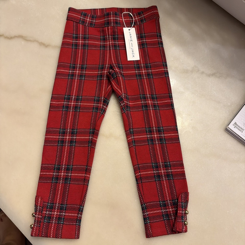 Janie & Jack Tartan Plaid Button Cuff Pant Red Navy Blue Knit Holiday Sz 4